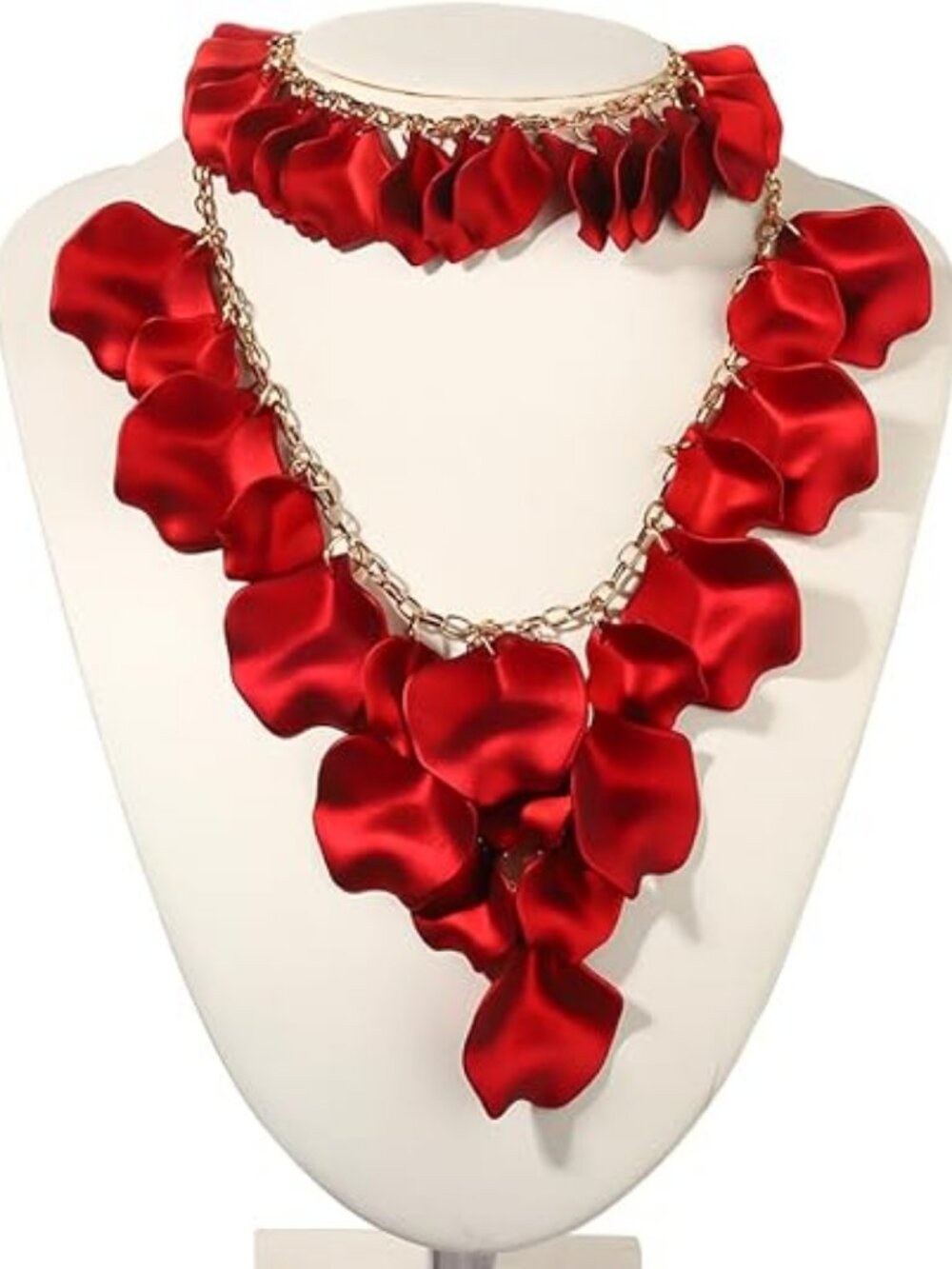 MOLOCH Rose Flower Petal Jewelry Set | Layered Statement Necklace & 3-Pc
